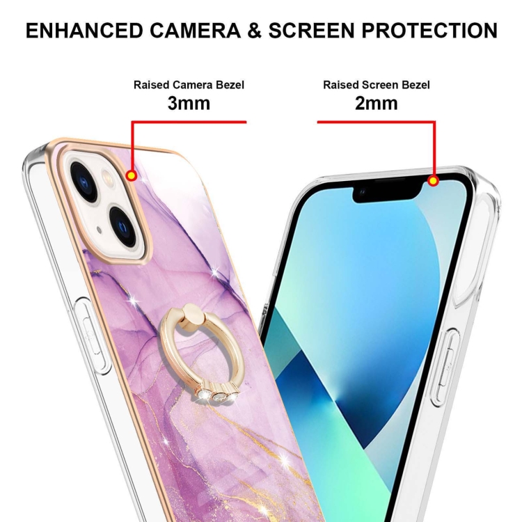 For iPhone 15 Plus Electroplating Marble Pattern IMD TPU Shockproof Case with Ring Holder(Purple 001)