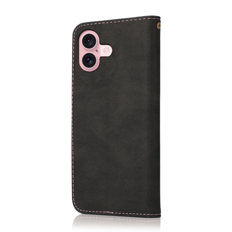 For iPhone 16 Dual-color Stitching Leather Phone Case(Black Rose Gold) For iPhone 16 Dual-color Stitching Leather Phone Case(Black Rose Gold)