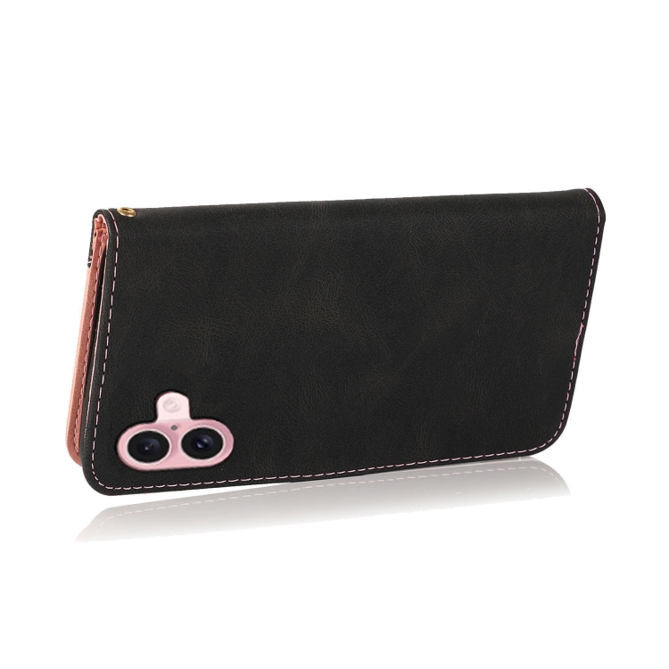For iPhone 16 Dual-color Stitching Leather Phone Case(Black Rose Gold) For iPhone 16 Dual-color Stitching Leather Phone Case(Black Rose Gold)
