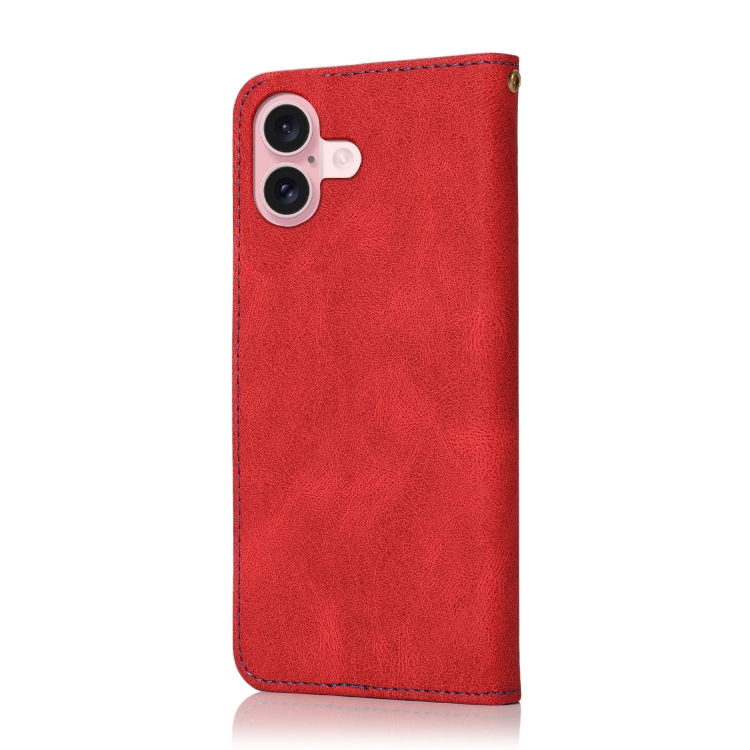For iPhone 16 Plus Dual-color Stitching Leather Phone Case(Red Blue) For iPhone 16 Plus Dual-color Stitching Leather Phone Case(Red Blue)