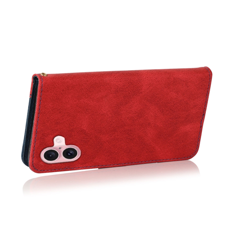 For iPhone 16 Plus Dual-color Stitching Leather Phone Case(Red Blue) For iPhone 16 Plus Dual-color Stitching Leather Phone Case(Red Blue)