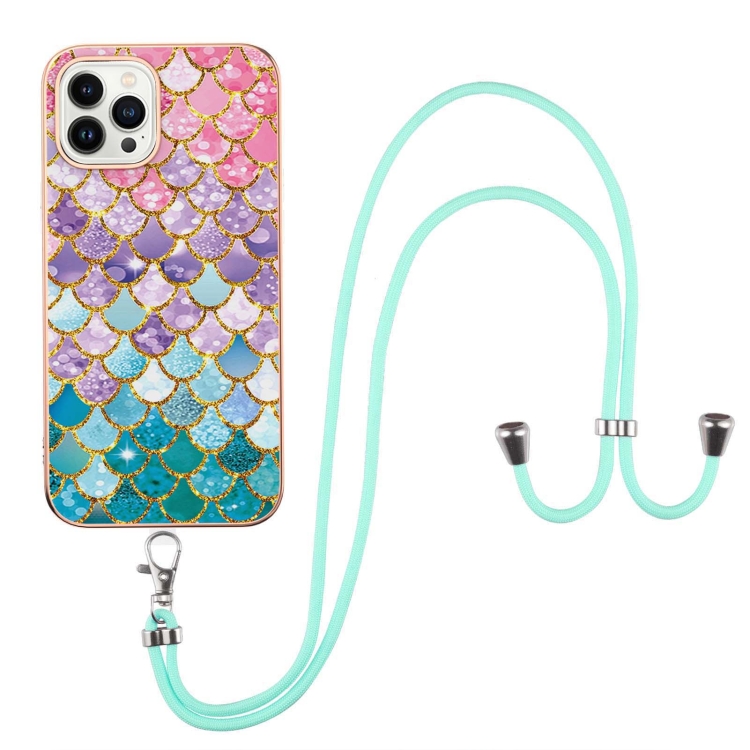 For iPhone 16 Pro Electroplating Pattern IMD TPU Shockproof Case with Neck Lanyard(Colorful Scales)