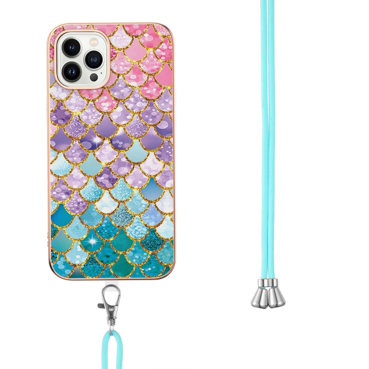 For iPhone 16 Pro Electroplating Pattern IMD TPU Shockproof Case with Neck Lanyard(Colorful Scales)