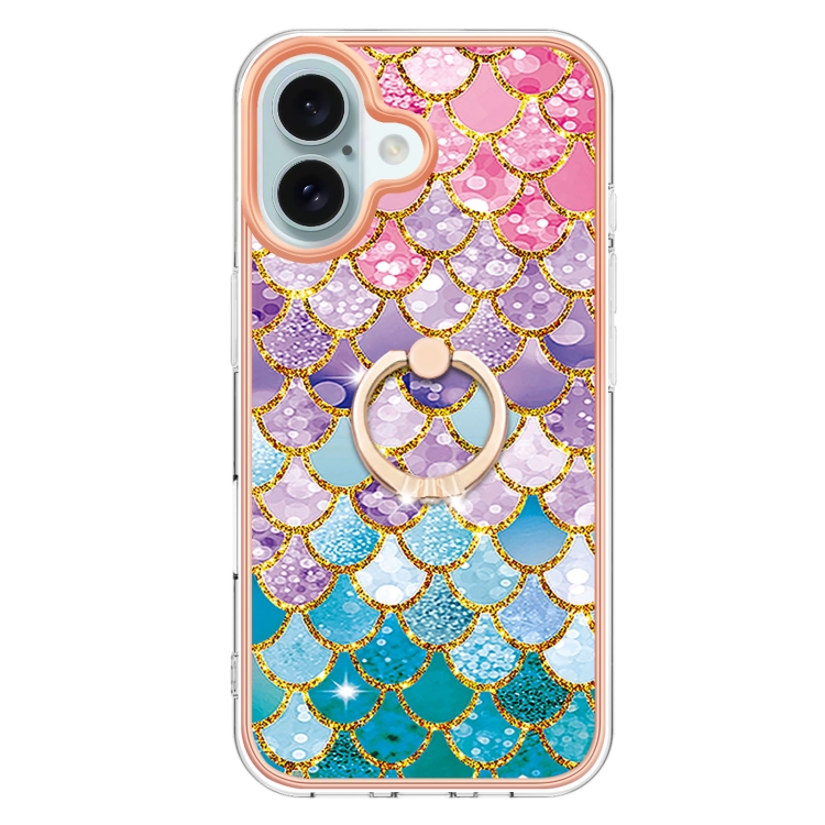 For iPhone 16 Plus Electroplating Pattern IMD TPU Shockproof Case with Rhinestone Ring Holder(Colorful Scales) For iPhone 16 Plus Electroplating Pattern IMD TPU Shockproof Case with Rhinestone Ring Holder(Colorful Scales)