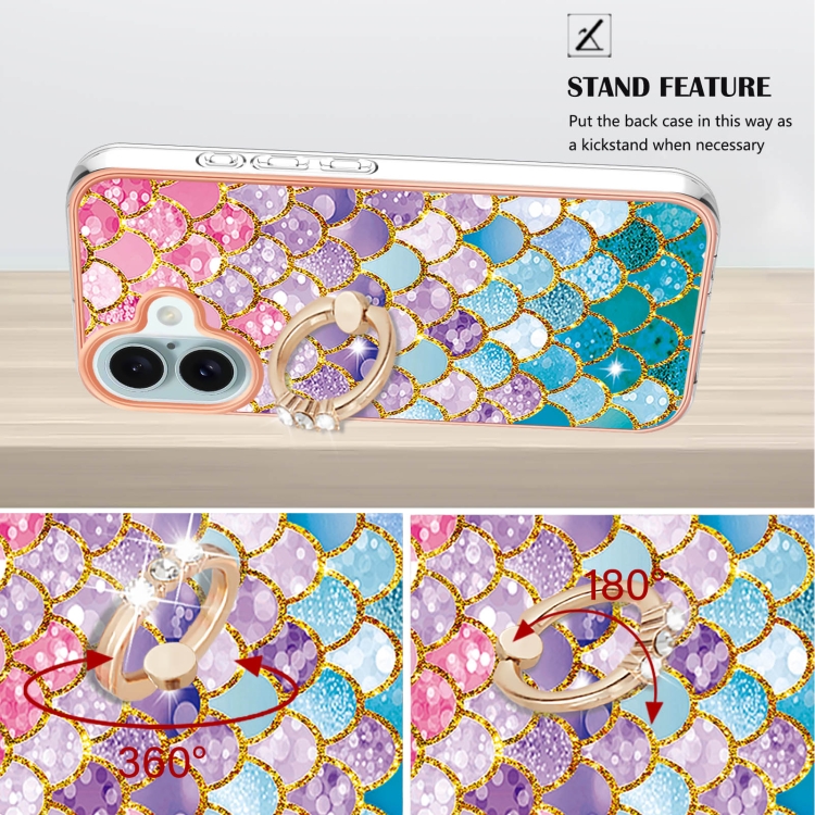 For iPhone 16 Plus Electroplating Pattern IMD TPU Shockproof Case with Rhinestone Ring Holder(Colorful Scales) For iPhone 16 Plus Electroplating Pattern IMD TPU Shockproof Case with Rhinestone Ring Holder(Colorful Scales)