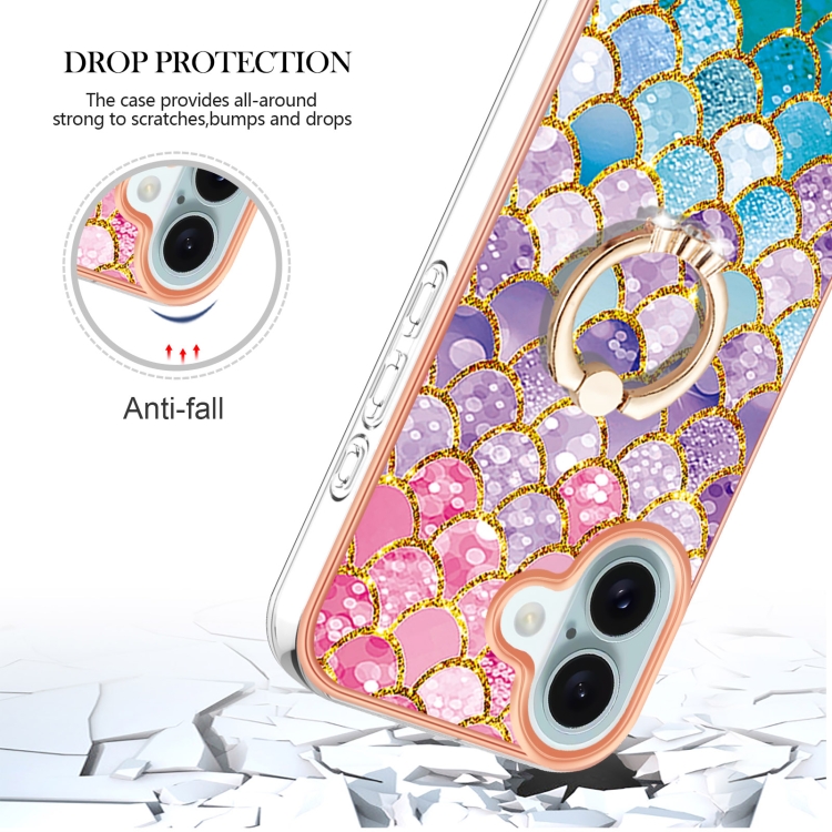 For iPhone 16 Plus Electroplating Pattern IMD TPU Shockproof Case with Rhinestone Ring Holder(Colorful Scales) For iPhone 16 Plus Electroplating Pattern IMD TPU Shockproof Case with Rhinestone Ring Holder(Colorful Scales)