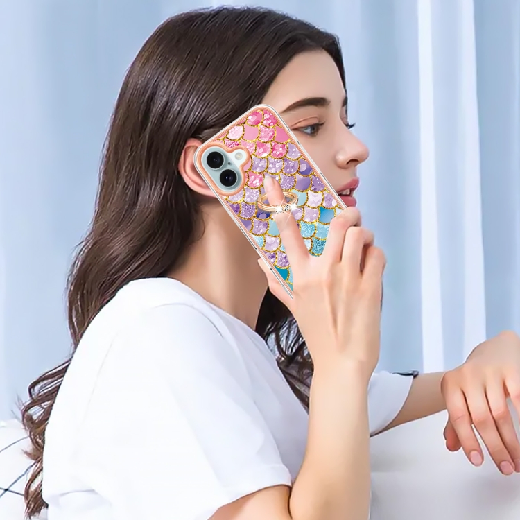 For iPhone 16 Plus Electroplating Pattern IMD TPU Shockproof Case with Rhinestone Ring Holder(Colorful Scales) For iPhone 16 Plus Electroplating Pattern IMD TPU Shockproof Case with Rhinestone Ring Holder(Colorful Scales)
