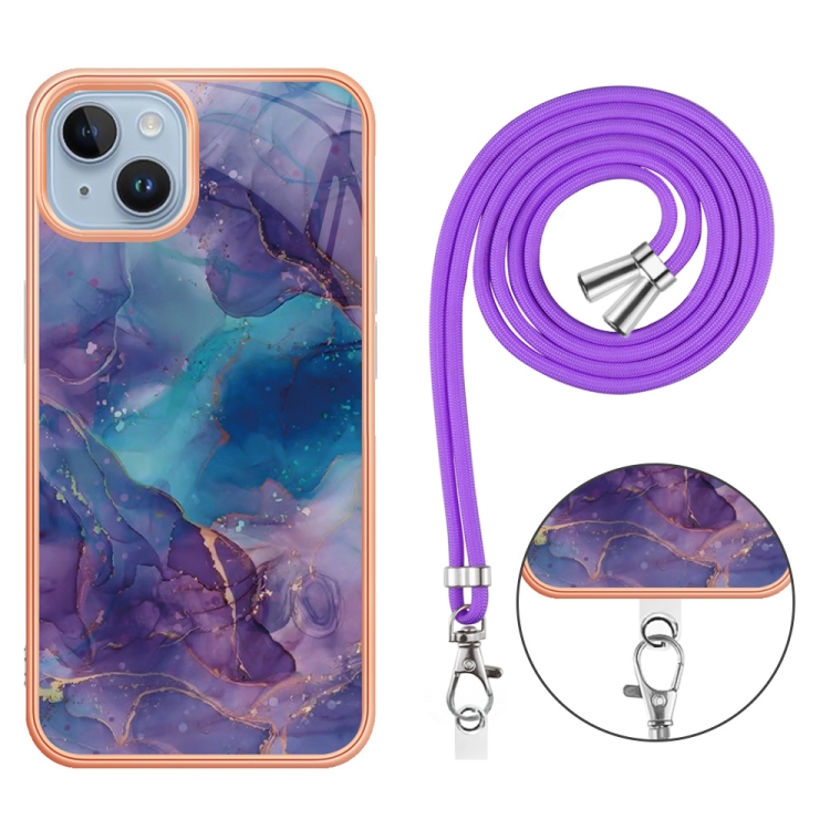 For iPhone 15 Plus Electroplating Marble Dual-side IMD Phone Case with Lanyard(Purple 016) For iPhone 15 Plus Electroplating Marble Dual-side IMD Phone Case with Lanyard(Purple 016)