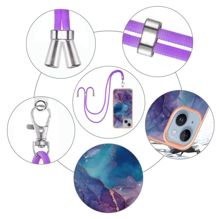 For iPhone 15 Plus Electroplating Marble Dual-side IMD Phone Case with Lanyard(Purple 016) For iPhone 15 Plus Electroplating Marble Dual-side IMD Phone Case with Lanyard(Purple 016)