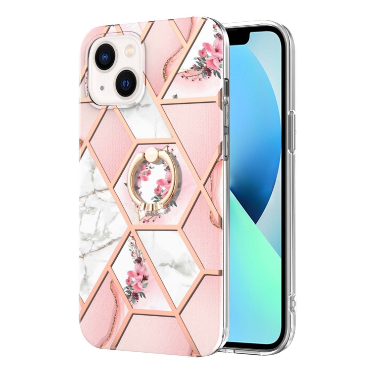 For iPhone 15 Plus Electroplating Splicing Marble Flower Pattern TPU Shockproof Case with Rhinestone Ring Holder(Pink Flower) For iPhone 15 Plus Electroplating Splicing Marble Flower Pattern TPU Shockproof Case with Rhinestone Ring Holder(Pink Flower)