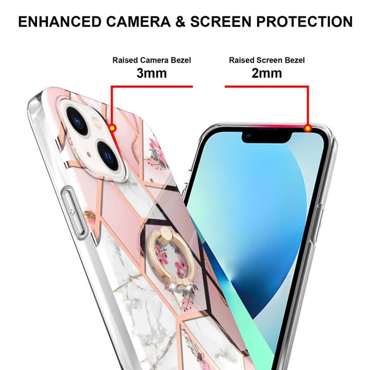 For iPhone 15 Plus Electroplating Splicing Marble Flower Pattern TPU Shockproof Case with Rhinestone Ring Holder(Pink Flower) For iPhone 15 Plus Electroplating Splicing Marble Flower Pattern TPU Shockproof Case with Rhinestone Ring Holder(Pink Flower)