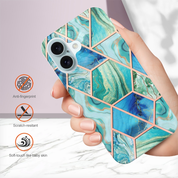 For iPhone 16 Plus Electroplating Splicing Marble Flower Pattern Dual-side IMD TPU Shockproof Phone Case(Green) For iPhone 16 Plus Electroplating Splicing Marble Flower Pattern Dual-side IMD TPU Shockproof Phone Case(Green)