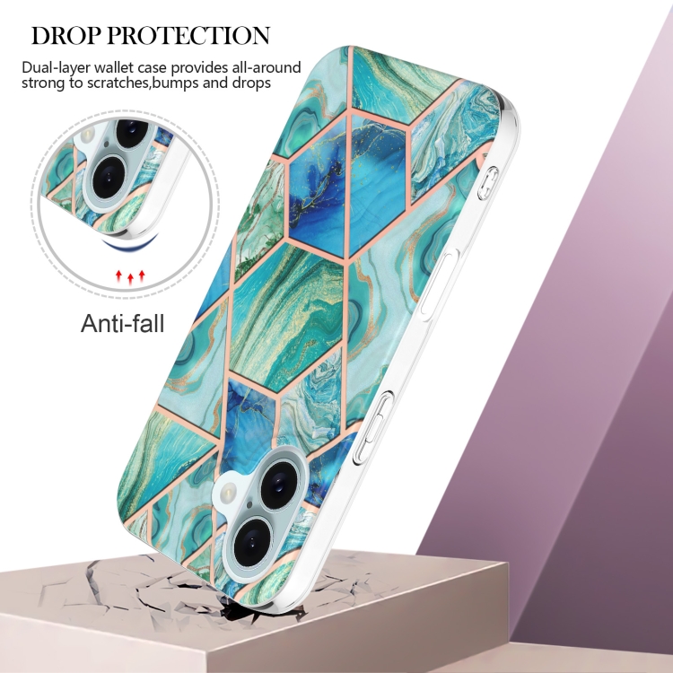 For iPhone 16 Plus Electroplating Splicing Marble Flower Pattern Dual-side IMD TPU Shockproof Phone Case(Green) For iPhone 16 Plus Electroplating Splicing Marble Flower Pattern Dual-side IMD TPU Shockproof Phone Case(Green)