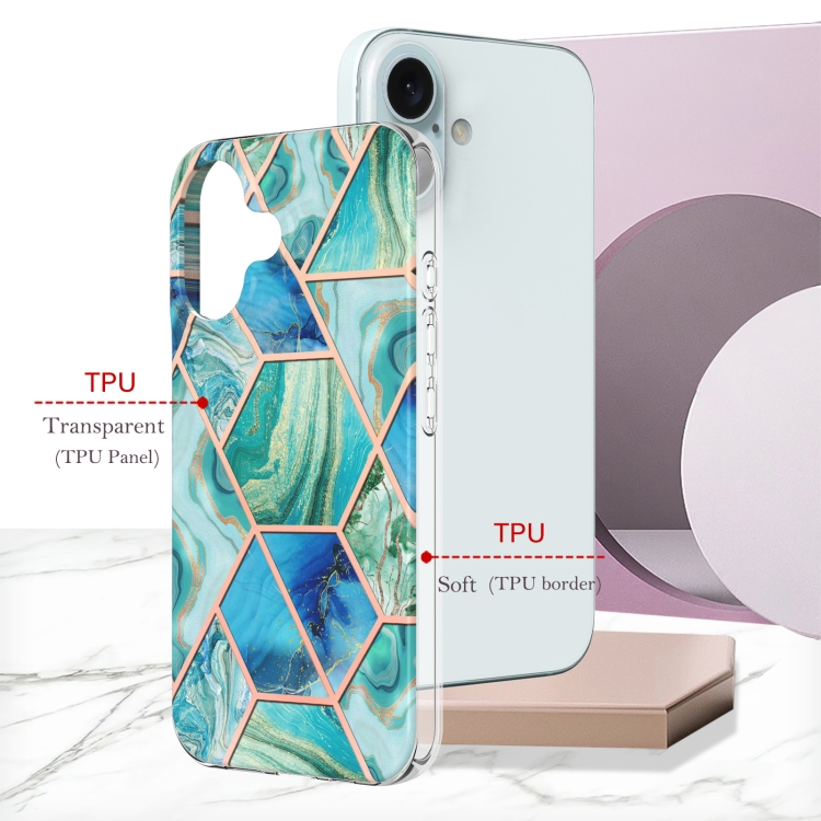 For iPhone 16 Plus Electroplating Splicing Marble Flower Pattern Dual-side IMD TPU Shockproof Phone Case(Green) For iPhone 16 Plus Electroplating Splicing Marble Flower Pattern Dual-side IMD TPU Shockproof Phone Case(Green)