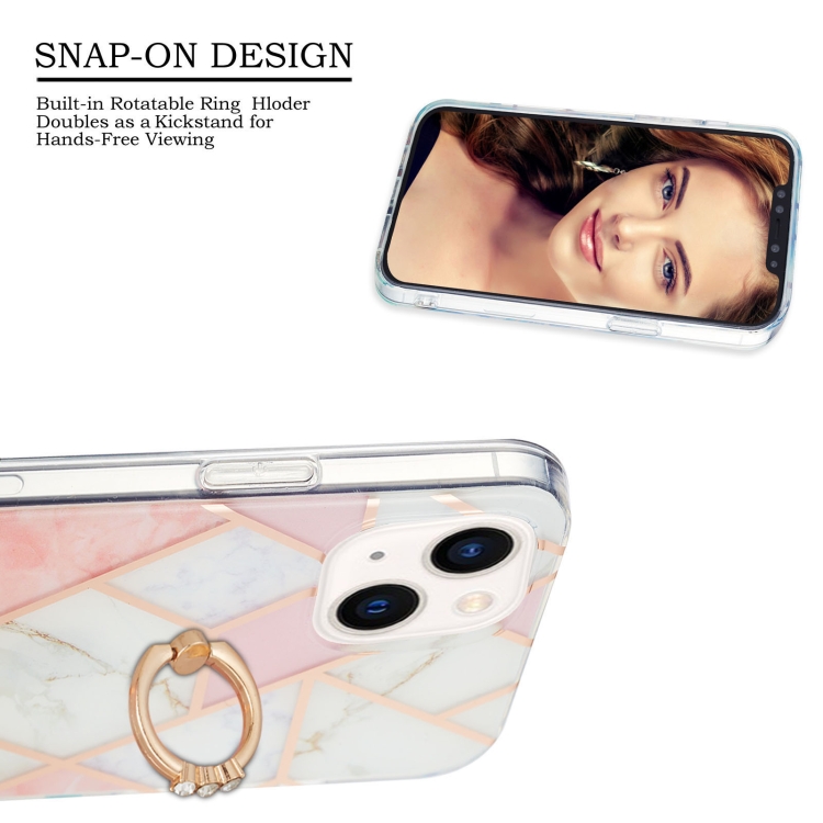 For iPhone 15 Plus Electroplating Splicing Marble Pattern IMD TPU Shockproof Case with Ring Holder(Pink White) For iPhone 15 Plus Electroplating Splicing Marble Pattern IMD TPU Shockproof Case with Ring Holder(Pink White)