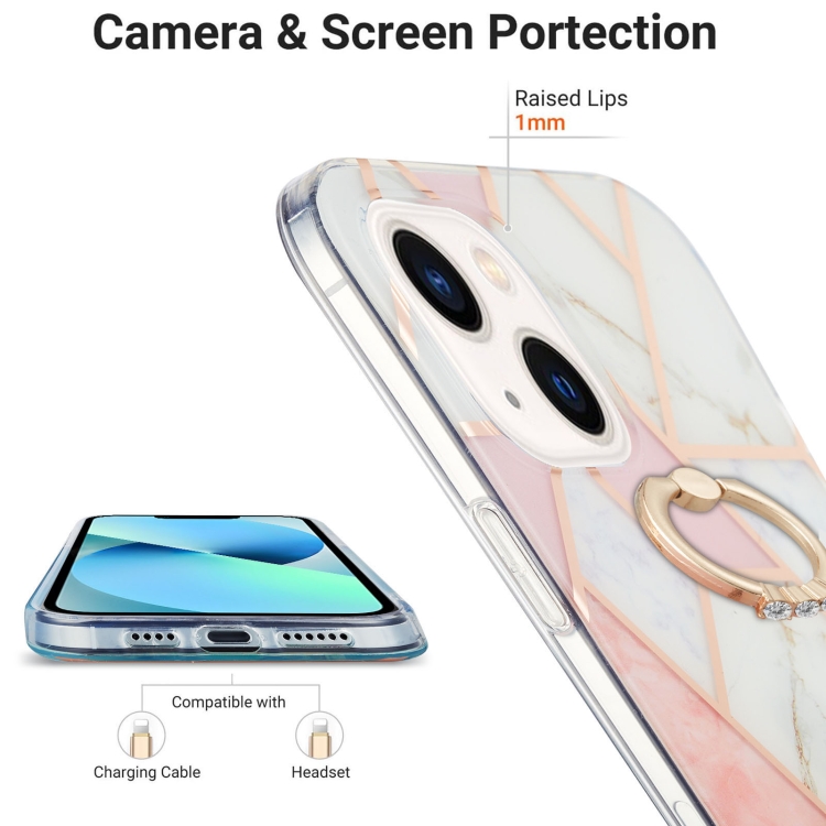 For iPhone 15 Plus Electroplating Splicing Marble Pattern IMD TPU Shockproof Case with Ring Holder(Pink White) For iPhone 15 Plus Electroplating Splicing Marble Pattern IMD TPU Shockproof Case with Ring Holder(Pink White)