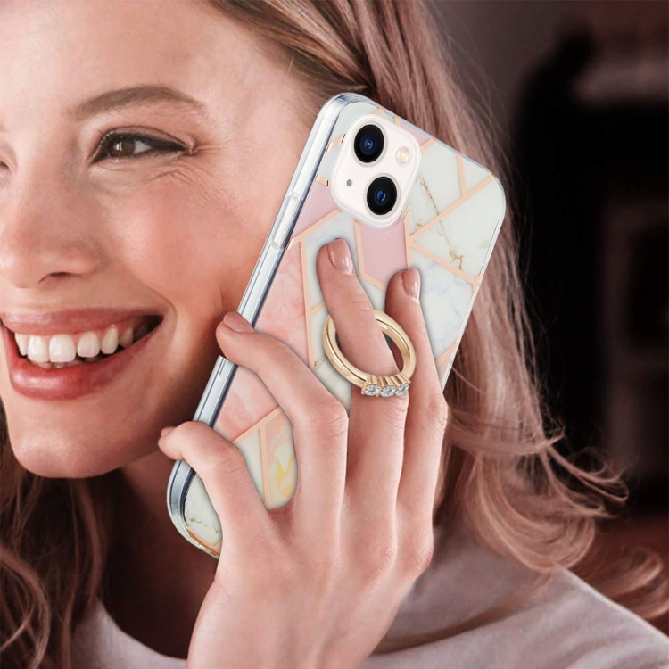 For iPhone 15 Plus Electroplating Splicing Marble Pattern IMD TPU Shockproof Case with Ring Holder(Pink White) For iPhone 15 Plus Electroplating Splicing Marble Pattern IMD TPU Shockproof Case with Ring Holder(Pink White)