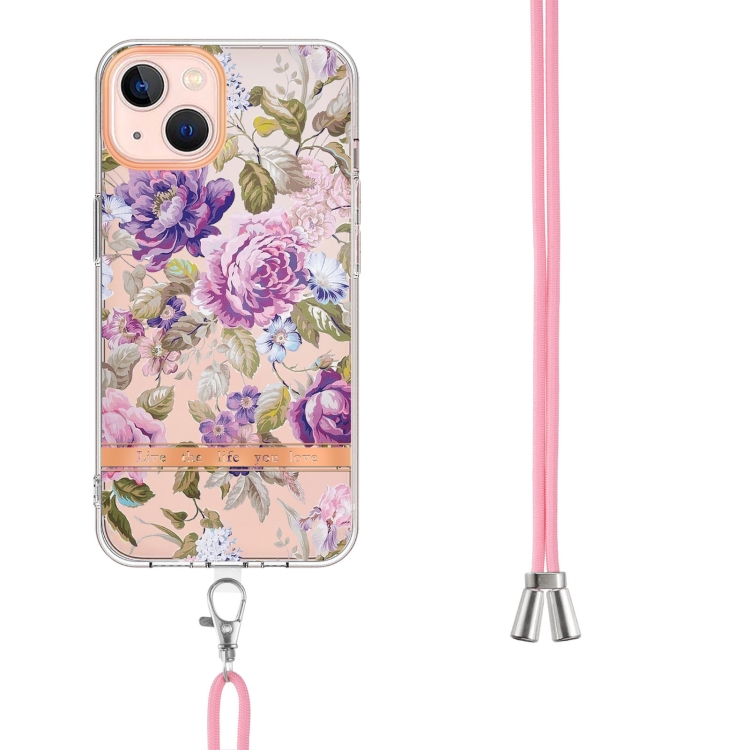 For iPhone 15 Plus Flowers and Plants Series IMD TPU Phone Case with Lanyard(Purple Peony)