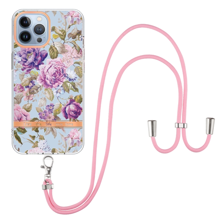For iPhone 15 Pro Flowers and Plants Series IMD TPU Phone Case with Lanyard(Purple Peony) For iPhone 15 Pro Flowers and Plants Series IMD TPU Phone Case with Lanyard(Purple Peony)