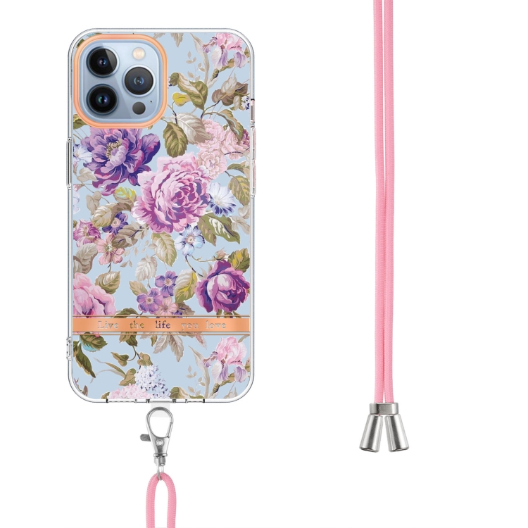 For iPhone 15 Pro Flowers and Plants Series IMD TPU Phone Case with Lanyard(Purple Peony) For iPhone 15 Pro Flowers and Plants Series IMD TPU Phone Case with Lanyard(Purple Peony)