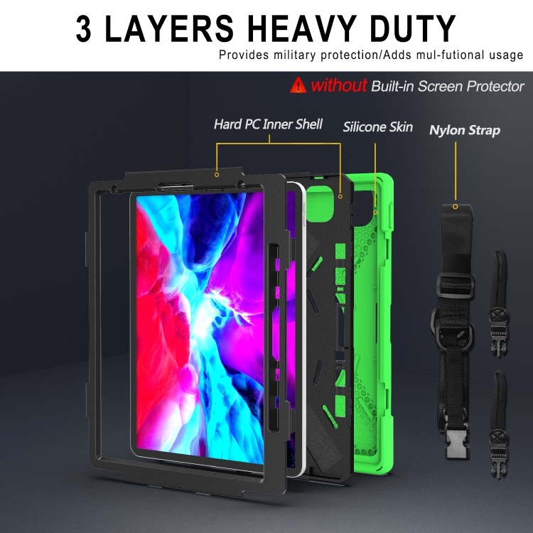 For iPad Pro 12.9 2021 / 2020 Shockproof Colorful Silicone + PC Protective Tablet Case with Holder & Shoulder Strap & Hand Strap & Pen Slot(Green) For iPad Pro 12.9 2021 / 2020 Shockproof Colorful Silicone + PC Protective Tablet Case with Holder & Shoulder Strap & Hand Strap & Pen Slot(Green)