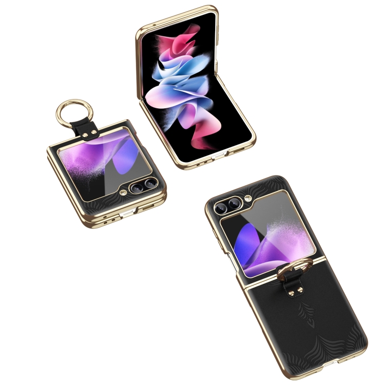 For Samsung Galaxy Z Flip6 Electroplated Embossed Leather Phone Case with Ring(Black)