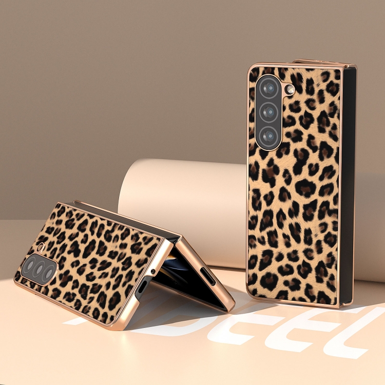 For Samsung Galaxy Z Fold5 Nano Plating Leopard Print Phone Case(Brown) For Samsung Galaxy Z Fold5 Nano Plating Leopard Print Phone Case(Brown)
