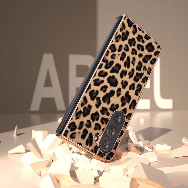 For Samsung Galaxy Z Fold5 Nano Plating Leopard Print Phone Case(Brown) For Samsung Galaxy Z Fold5 Nano Plating Leopard Print Phone Case(Brown)