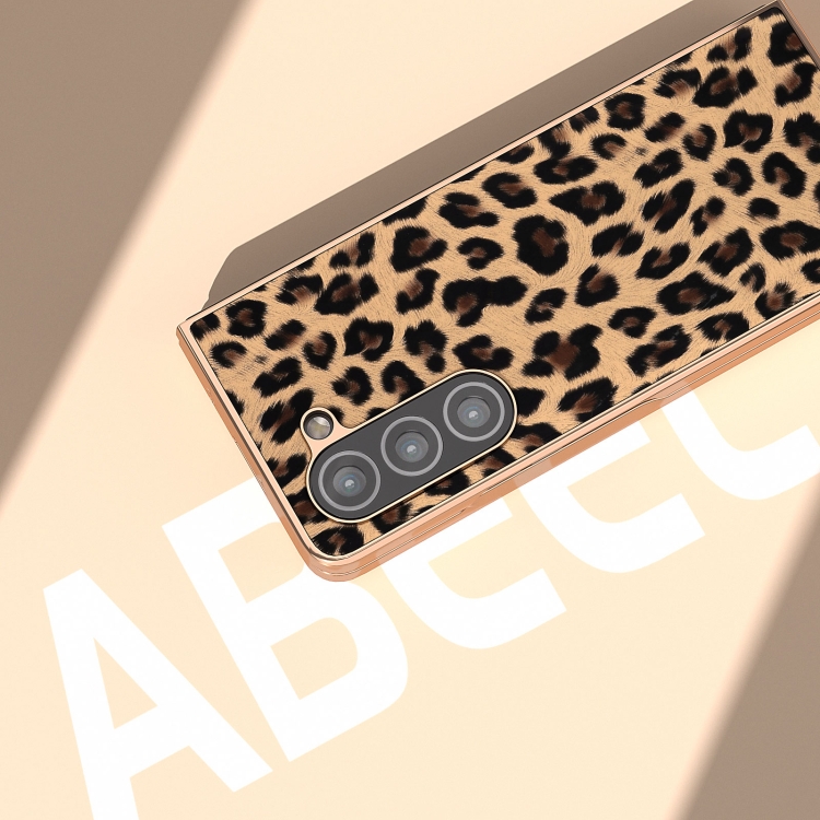 For Samsung Galaxy Z Fold5 Nano Plating Leopard Print Phone Case(Brown) For Samsung Galaxy Z Fold5 Nano Plating Leopard Print Phone Case(Brown)