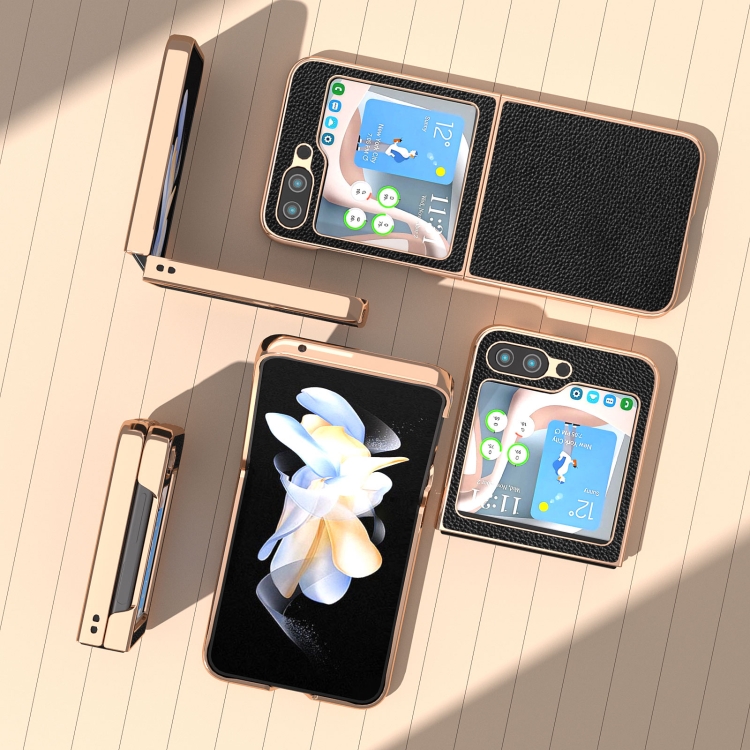 For Samsung Galaxy Z Flip5 Genuine Leather Mino Series Nano Plating Phone Case(Black) For Samsung Galaxy Z Flip5 Genuine Leather Mino Series Nano Plating Phone Case(Black)