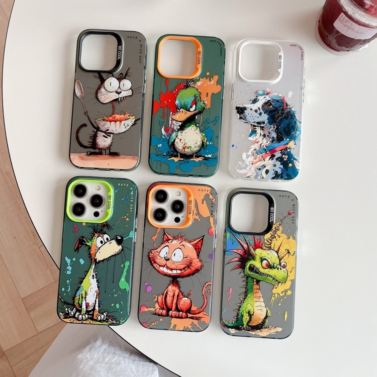 Para iPhone 15 Pro Max Estuche para teléfono con pintura al óleo animal de  la serie plateada de color de doble capa (perro verde)