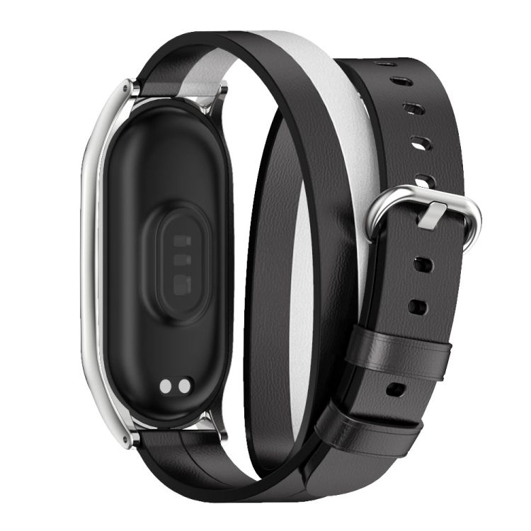 Xiaomi Mi Band 8 Mijobs Plus 케이스 이중 루프 가죽 시계 밴드(검은색 + 흰색 + 은색)