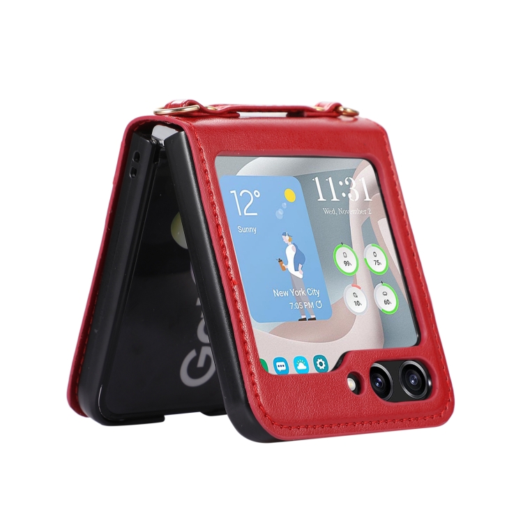 For Samsung Galaxy Z Flip5 Card Slot Crossbody Folding Leather Phone Case(Red) For Samsung Galaxy Z Flip5 Card Slot Crossbody Folding Leather Phone Case(Red)