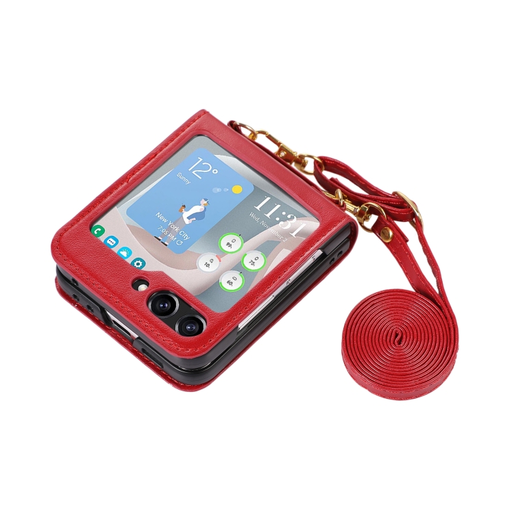 For Samsung Galaxy Z Flip5 Card Slot Crossbody Folding Leather Phone Case(Red) For Samsung Galaxy Z Flip5 Card Slot Crossbody Folding Leather Phone Case(Red)