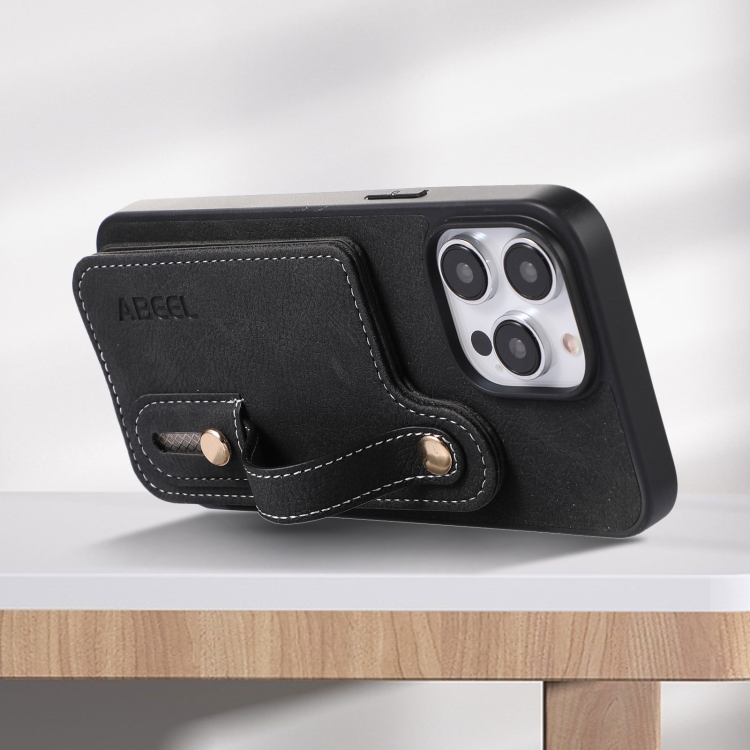 For iPhone 15 Pro ABEEL Litchi Texture Card Bag PU Phone Case(Black) For iPhone 15 Pro ABEEL Litchi Texture Card Bag PU Phone Case(Black)