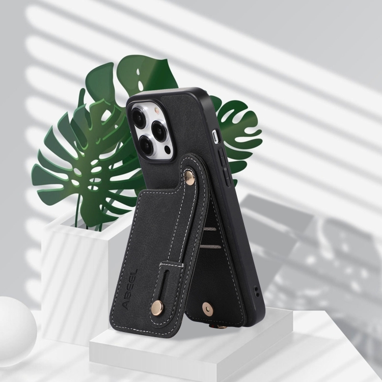 For iPhone 15 Pro ABEEL Litchi Texture Card Bag PU Phone Case(Black) For iPhone 15 Pro ABEEL Litchi Texture Card Bag PU Phone Case(Black)