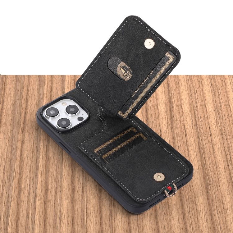 For iPhone 15 Pro ABEEL Litchi Texture Card Bag PU Phone Case(Black) For iPhone 15 Pro ABEEL Litchi Texture Card Bag PU Phone Case(Black)