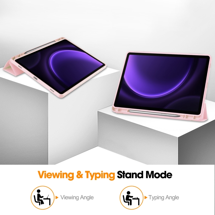 Para Samsung Galaxy Tab S9 FE Funda para tableta de cuero inteligente de TPU de color puro de 3 pliegues con ranura para bolígrafo (rosa) - 4