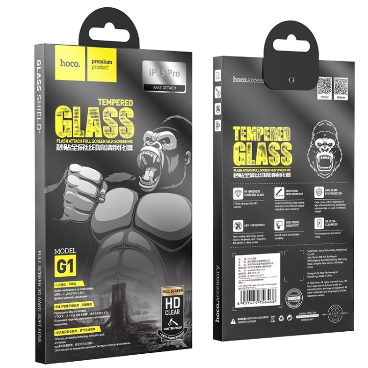 For iPhone 15 Pro HOCO G1 0.33mm 2.5D Flash Attach Full Screen Silk Screen HD Tempered Glass Film For iPhone 15 Pro HOCO G1 0.33mm 2.5D Flash Attach Full Screen Silk Screen HD Tempered Glass Film
