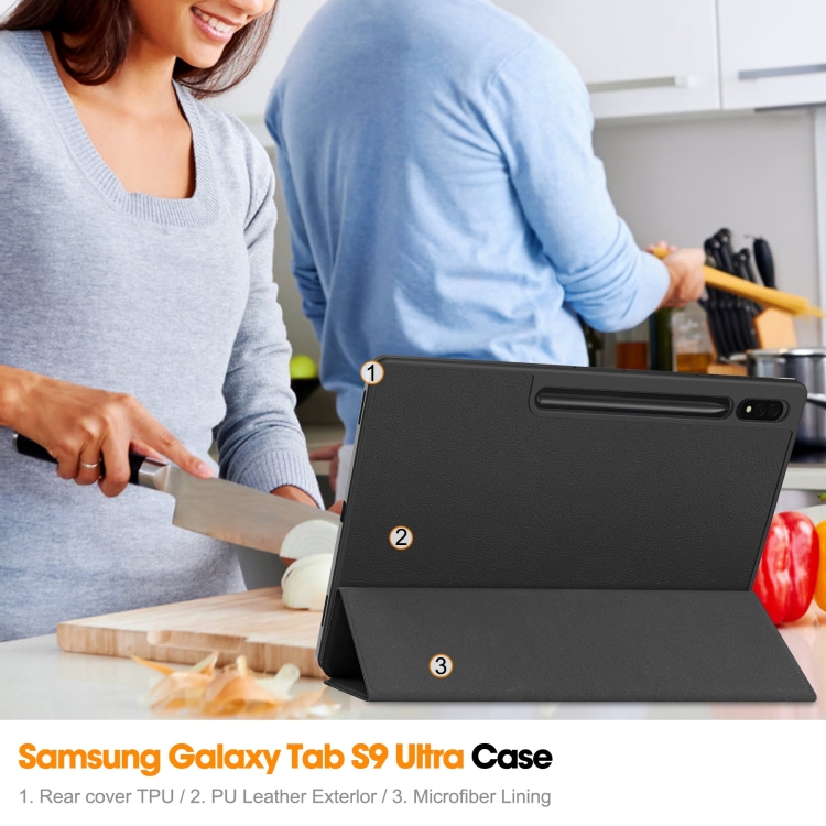 Para Samsung Galaxy Tab S9 Ultra 3-Fold Pure Color TPU Smart Leather Tablet Case con ranura para bolígrafo (Negro) - 5