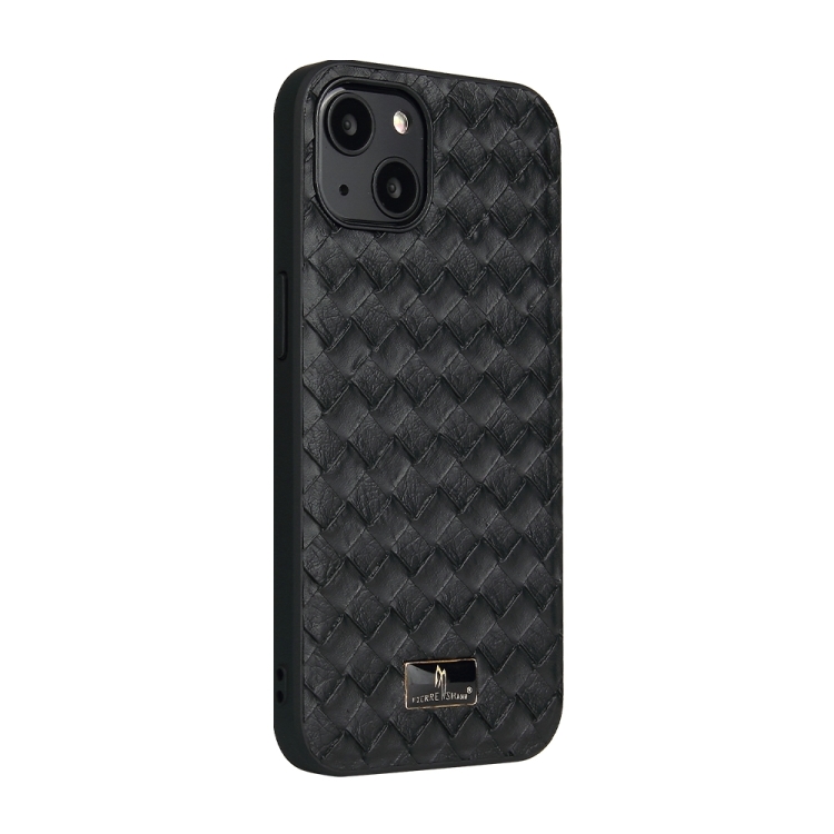 For iPhone 15 Fierre Shann Leather Texture Phone Back Cover Case(Woven Black) For iPhone 15 Fierre Shann Leather Texture Phone Back Cover Case(Woven Black)