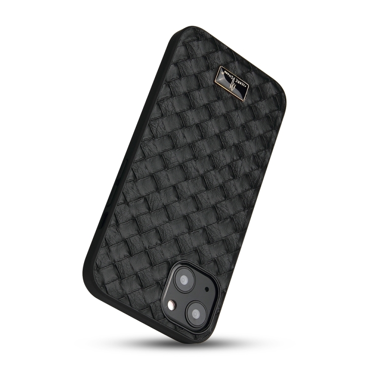 For iPhone 15 Fierre Shann Leather Texture Phone Back Cover Case(Woven Black) For iPhone 15 Fierre Shann Leather Texture Phone Back Cover Case(Woven Black)