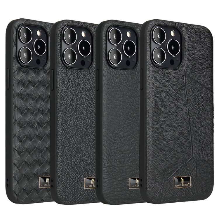 For iPhone 15 Fierre Shann Leather Texture Phone Back Cover Case(Woven Black) For iPhone 15 Fierre Shann Leather Texture Phone Back Cover Case(Woven Black)