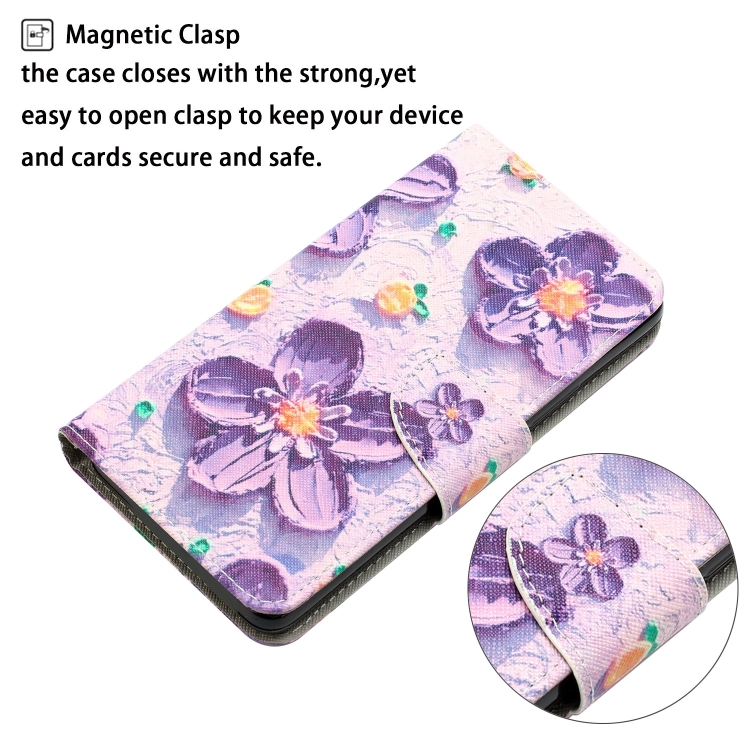 For iPhone 15 Plus Colored Drawing Leather Phone Case(Purple Flower) For iPhone 15 Plus Colored Drawing Leather Phone Case(Purple Flower)