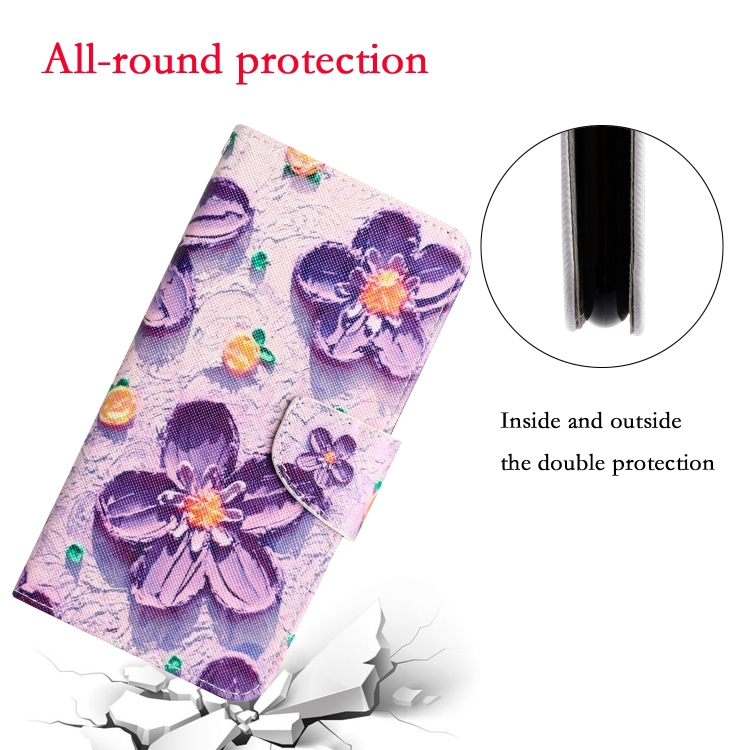 For iPhone 15 Plus Colored Drawing Leather Phone Case(Purple Flower) For iPhone 15 Plus Colored Drawing Leather Phone Case(Purple Flower)
