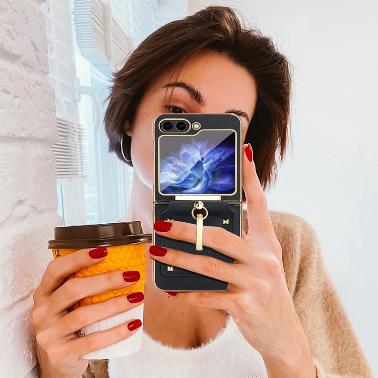 For Samsung Galaxy Z Flip5 Colorful PU Phone Case with Ring Holder(Black) For Samsung Galaxy Z Flip5 Colorful PU Phone Case with Ring Holder(Black)