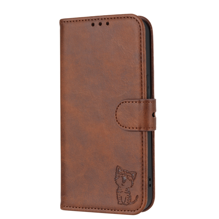 For iPhone 15 Pro Embossed Happy Cat Pattern Flip Leather Phone Case(Brown) For iPhone 15 Pro Embossed Happy Cat Pattern Flip Leather Phone Case(Brown)