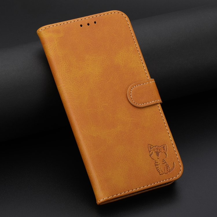 For iPhone 16 Embossed Happy Cat Pattern Flip Leather Phone Case(Yellow)