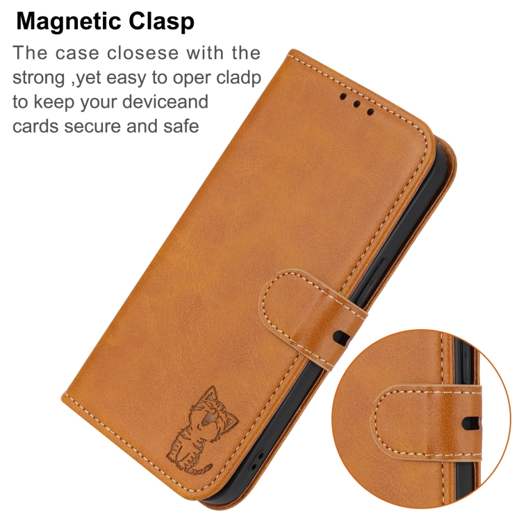 For iPhone 16 Embossed Happy Cat Pattern Flip Leather Phone Case(Yellow)
