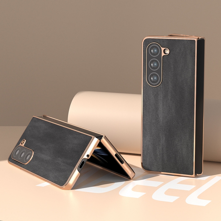 For Samsung Galaxy Z Fold5 Nano Plating Cowhide Texture PU Phone Case(Black) For Samsung Galaxy Z Fold5 Nano Plating Cowhide Texture PU Phone Case(Black)